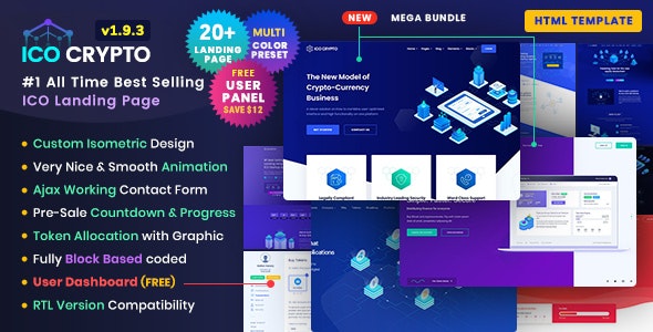 ICO Crypto v1.9.3 - Bitcoin &amp; Cryptocurrency ICO Landing Page HTML Template + User Dashboard