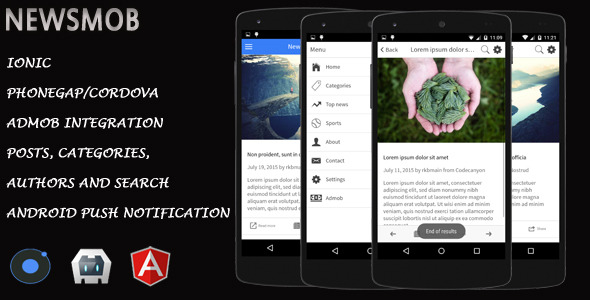 NewsMob v1.3 - Ionic Cordova Phonegap News Hybrid App and Website